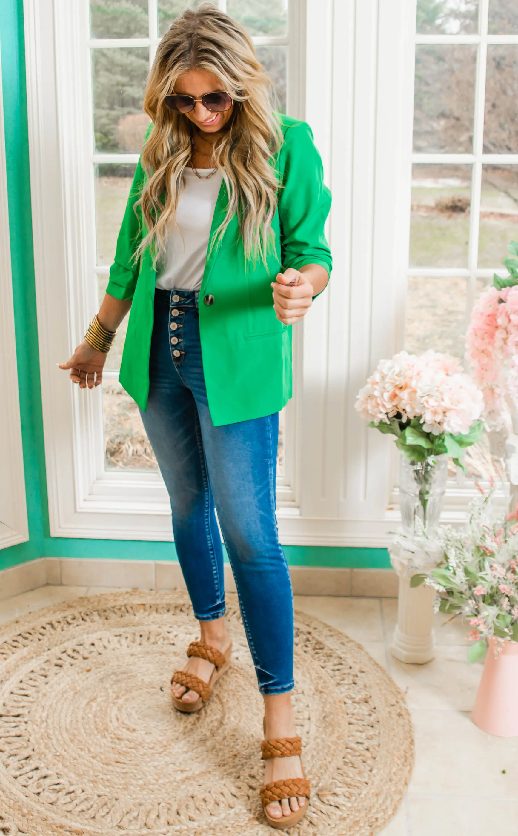 Kelly Green Folded Sleeves Blazer Jacket