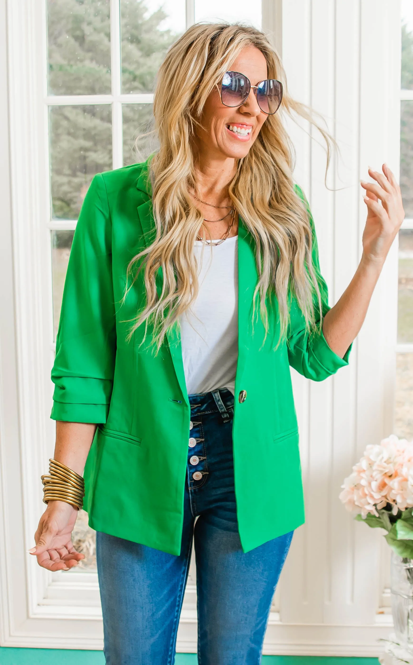 Kelly Green Folded Sleeves Blazer Jacket
