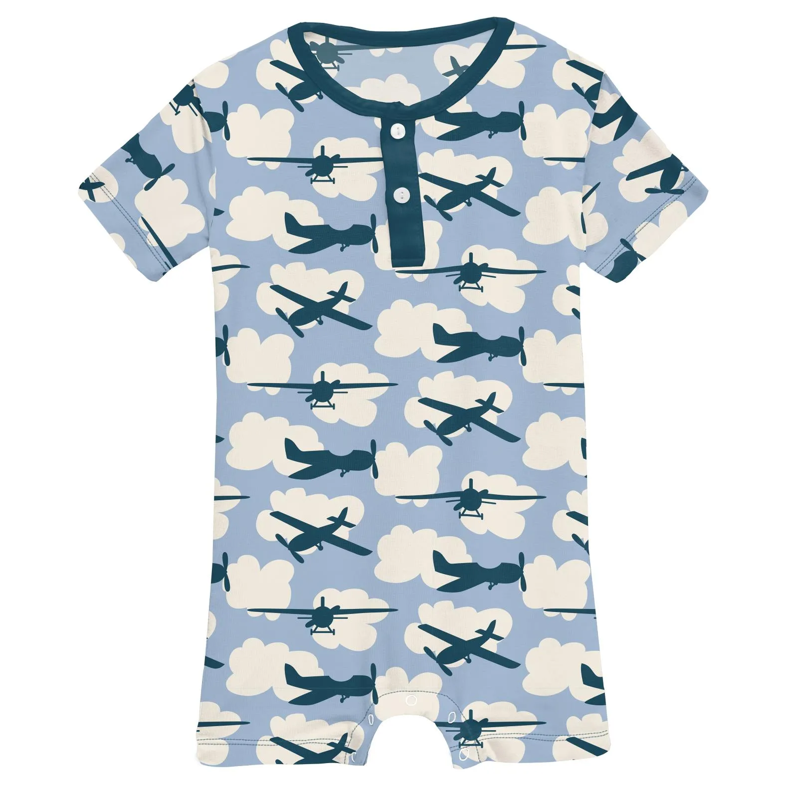 Kickee Pants Pond Airplanes Print Short Sleeve Henley Romper