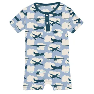 Kickee Pants Pond Airplanes Print Short Sleeve Henley Romper