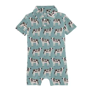 Kickee Pants Short Sleeve Polo Romper- Jade Cows