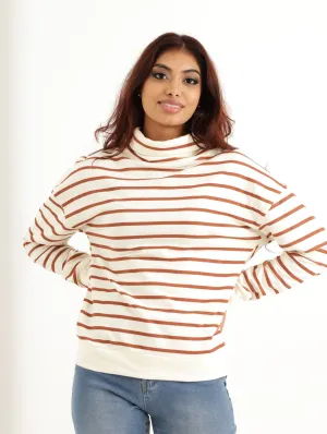 Ladies Striped Funnel Pullover - Rust