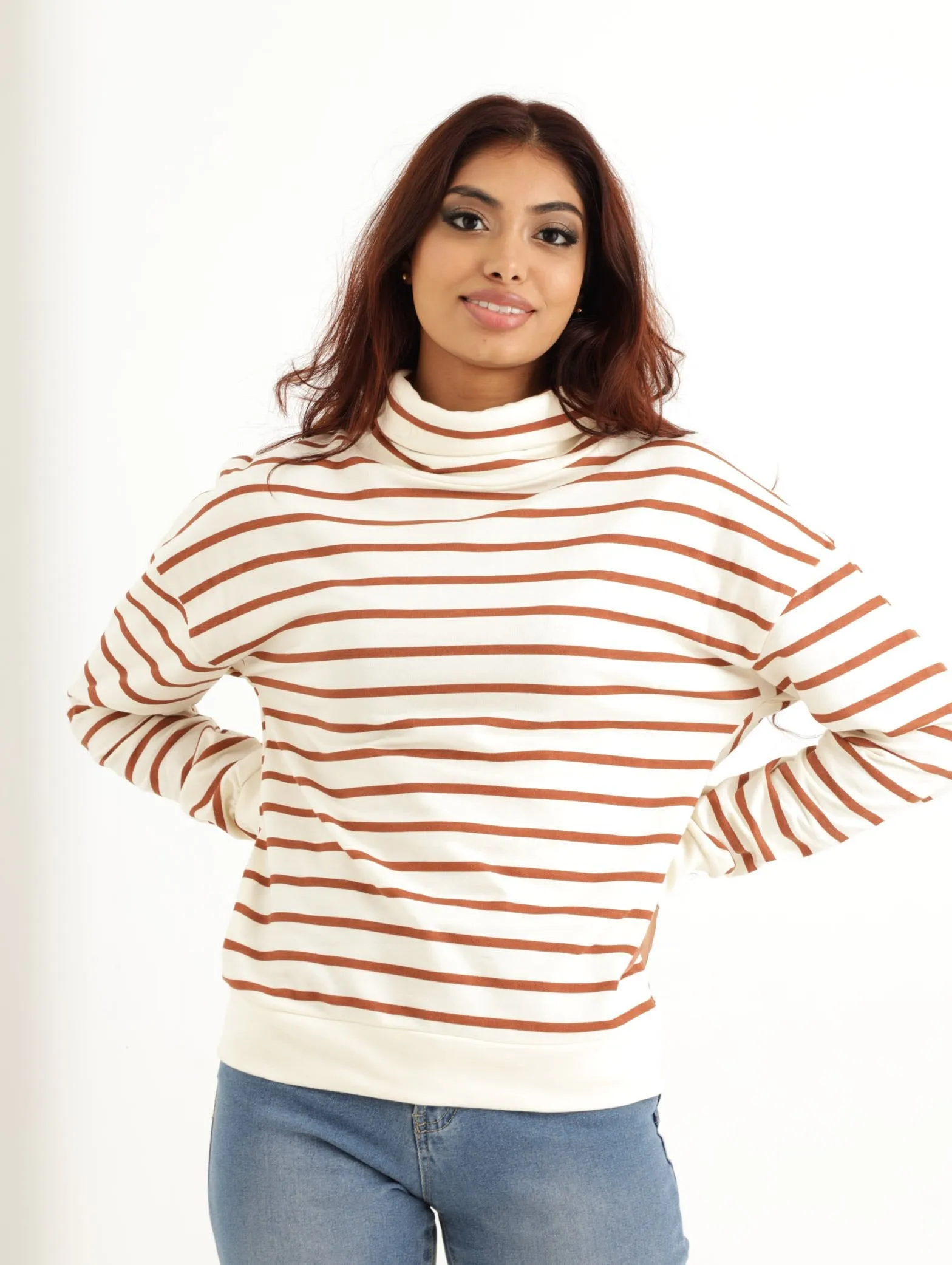 Ladies Striped Funnel Pullover - Rust