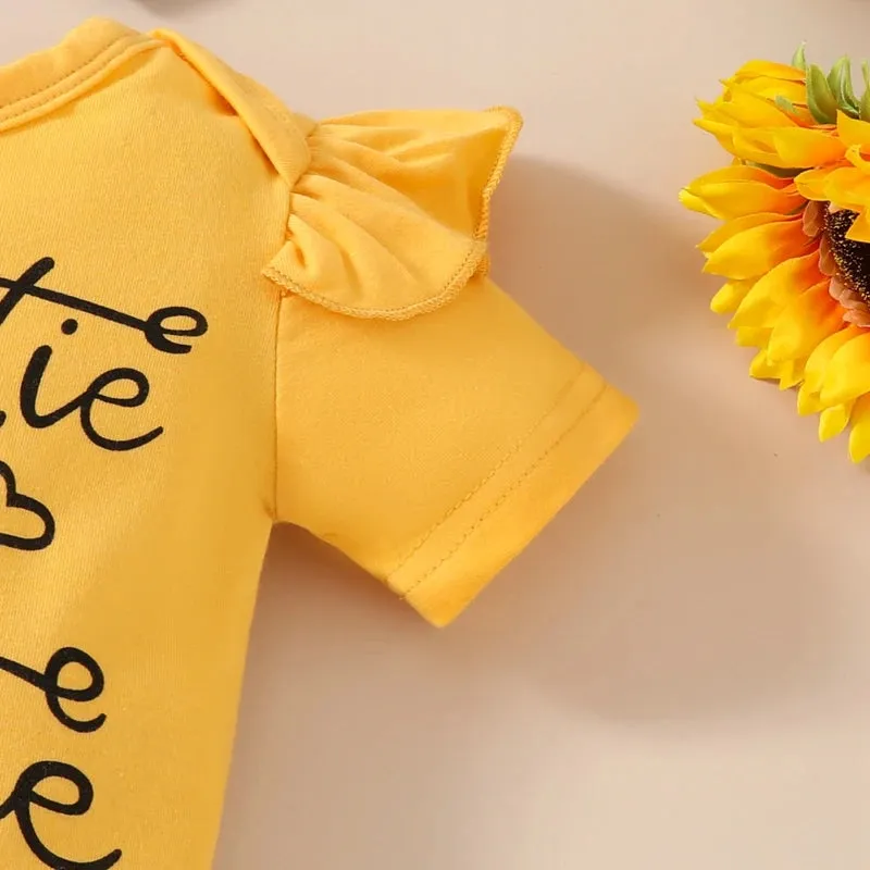 Letter Print Short Sleeve Rompers Sunflower Print Shorts Headband 3Pcs Clothes Set