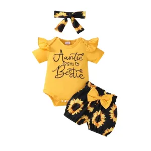 Letter Print Short Sleeve Rompers Sunflower Print Shorts Headband 3Pcs Clothes Set