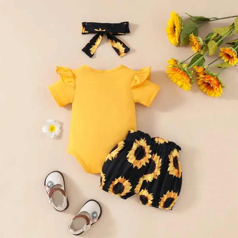 Letter Print Short Sleeve Rompers Sunflower Print Shorts Headband 3Pcs Clothes Set