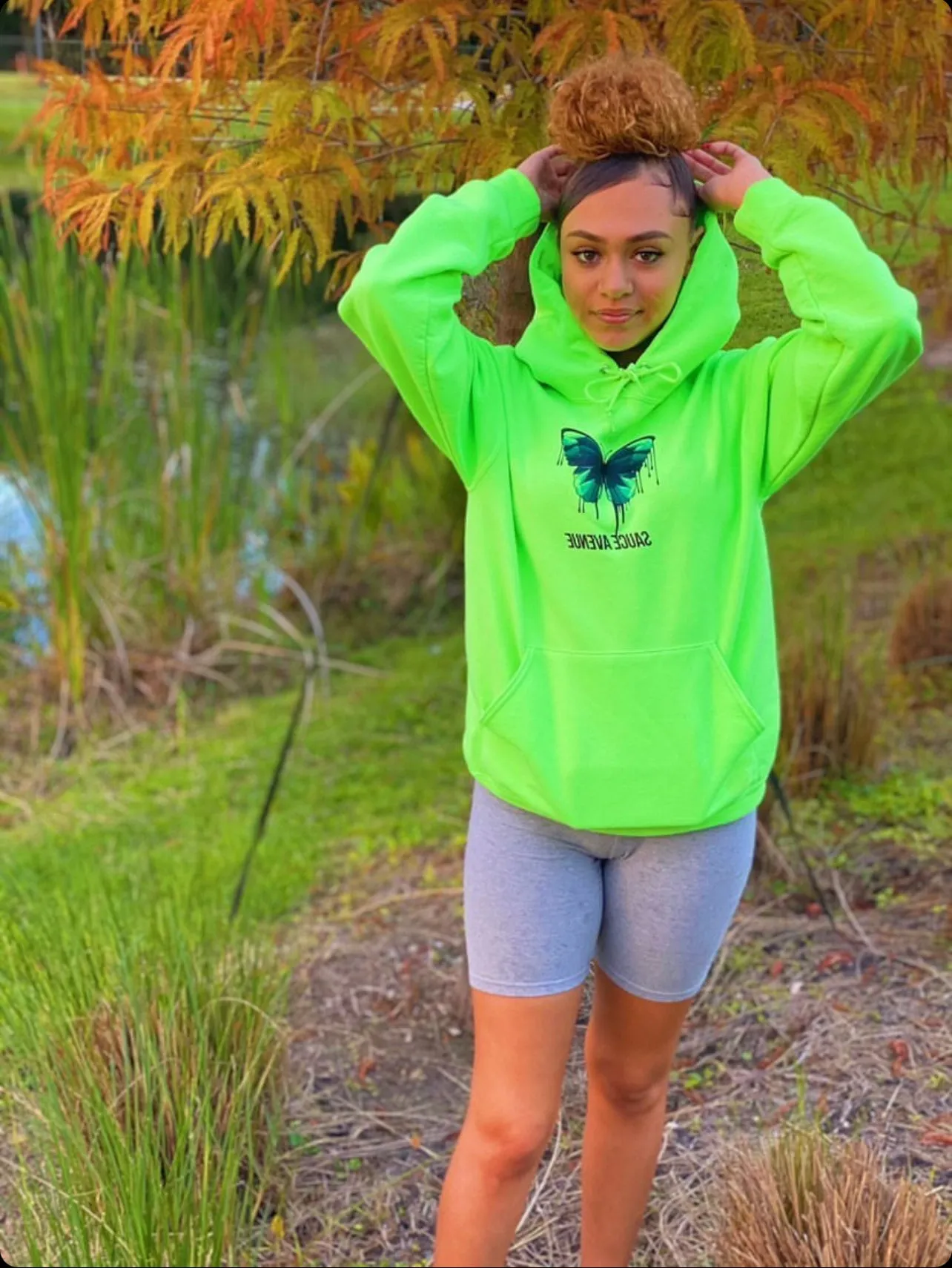 Light Blue Butterfly Drip | Neon Green Hoodie