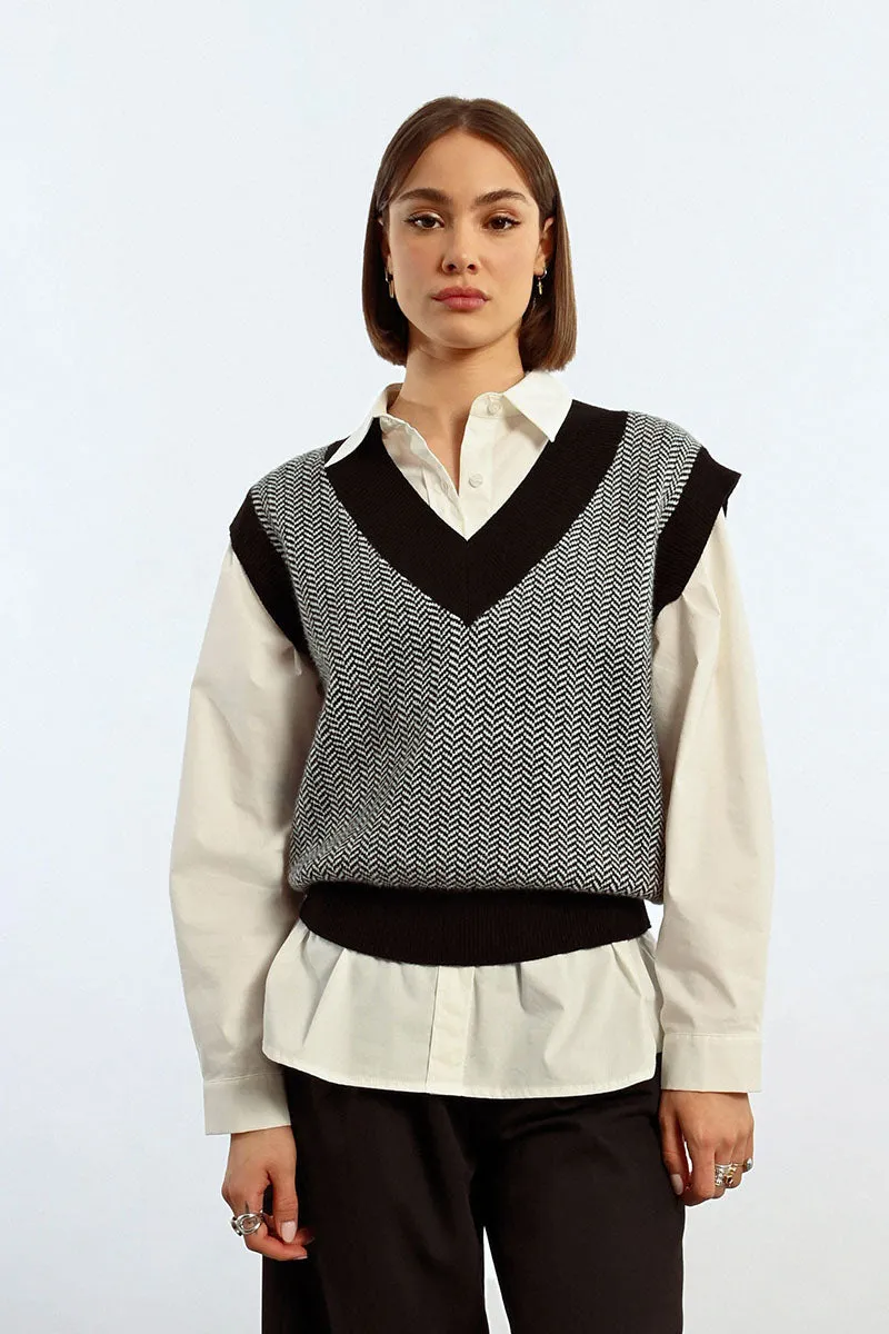 Lili Sidonio Herringbone Knit Vest - Black/White