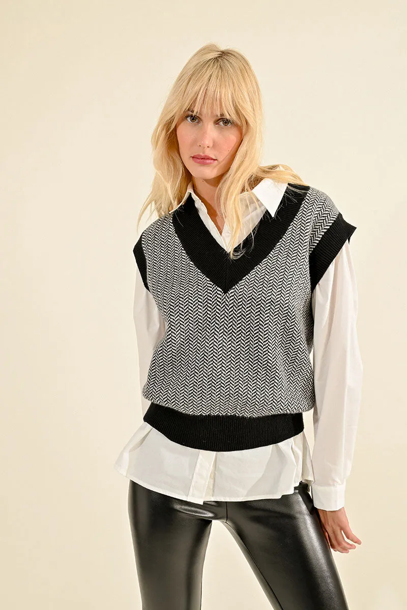 Lili Sidonio Herringbone Knit Vest - Black/White