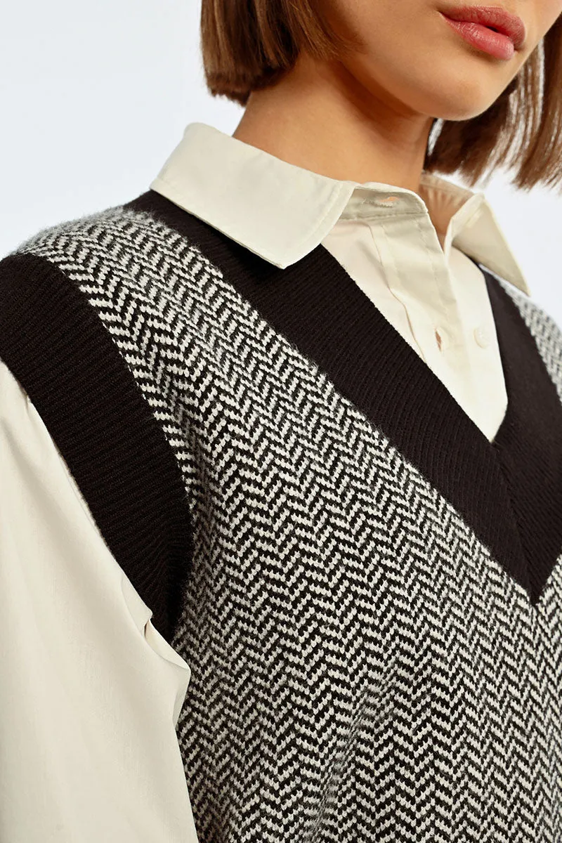 Lili Sidonio Herringbone Knit Vest - Black/White