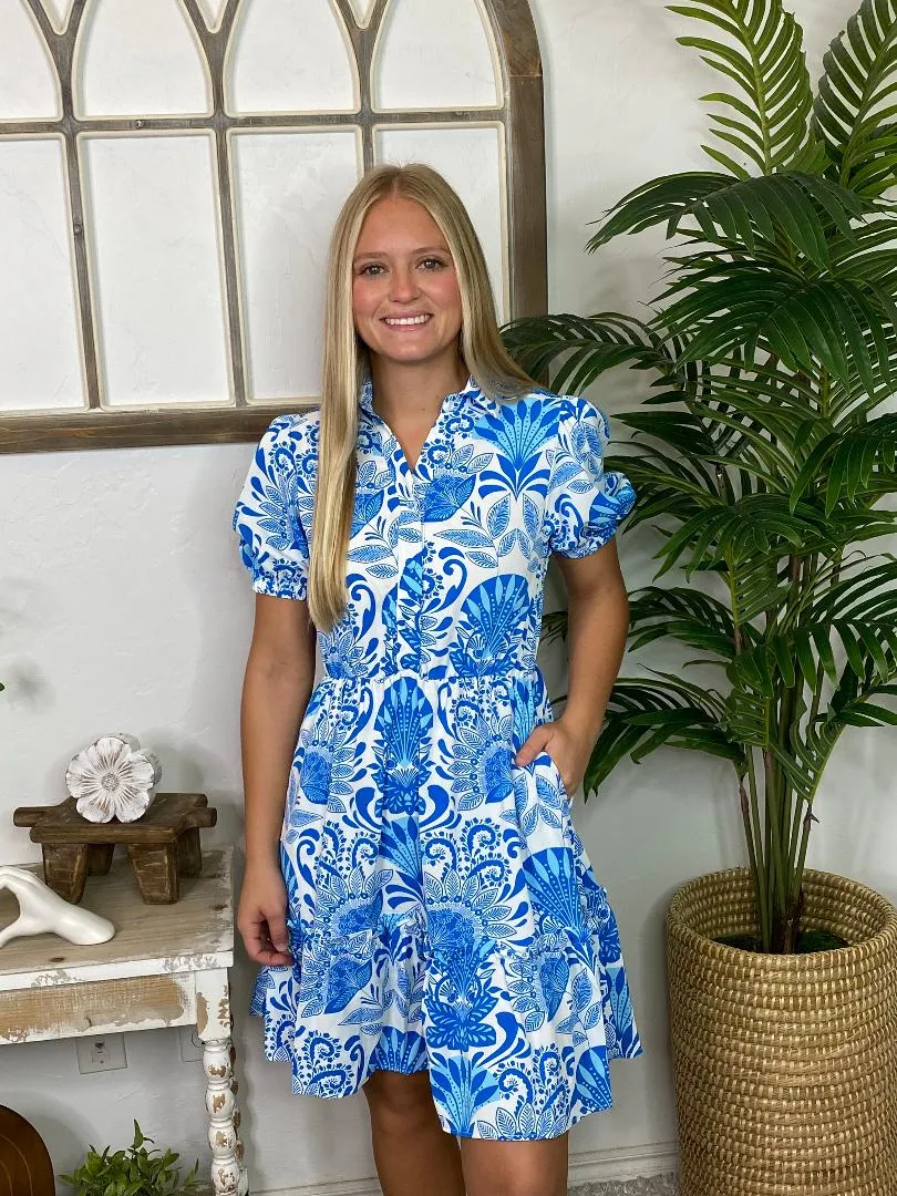 Lilly Sky Blue Floral Drawstring Waist Ruffled Dress