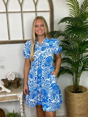 Lilly Sky Blue Floral Drawstring Waist Ruffled Dress