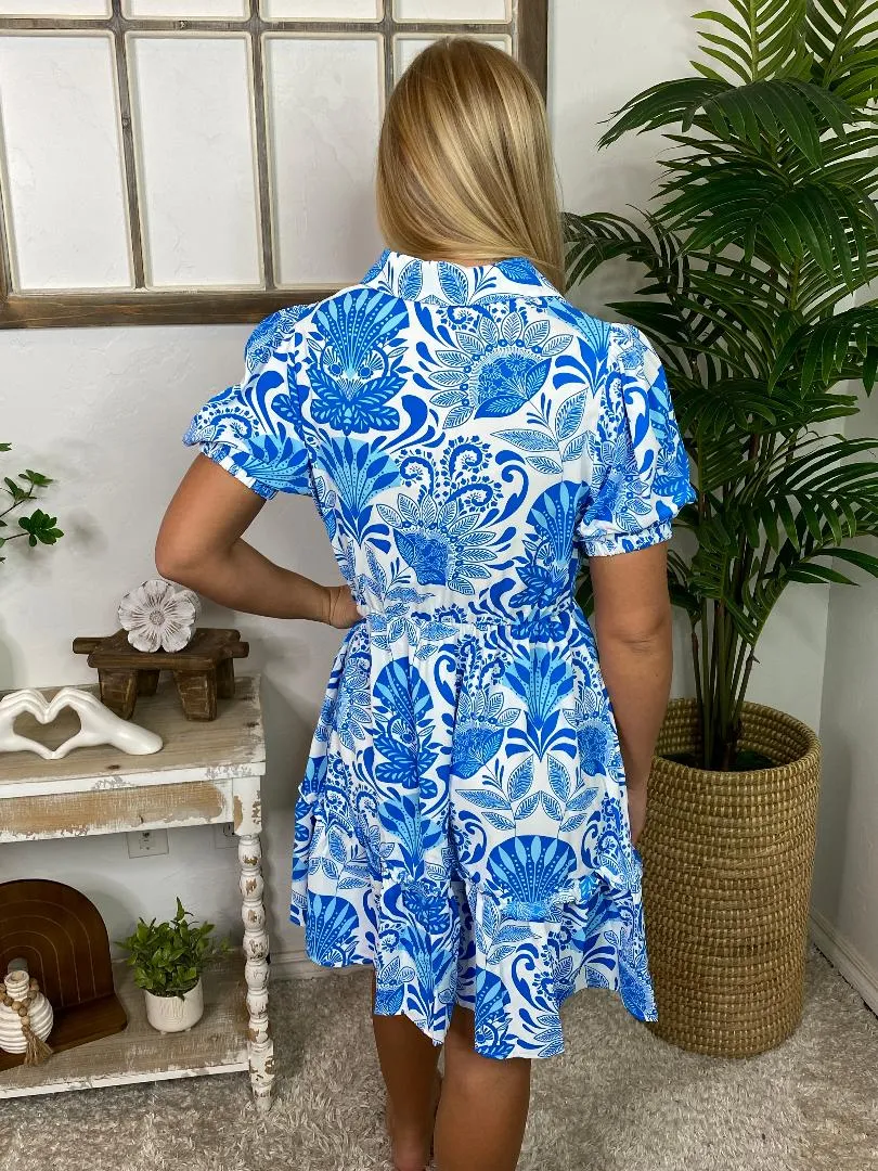 Lilly Sky Blue Floral Drawstring Waist Ruffled Dress