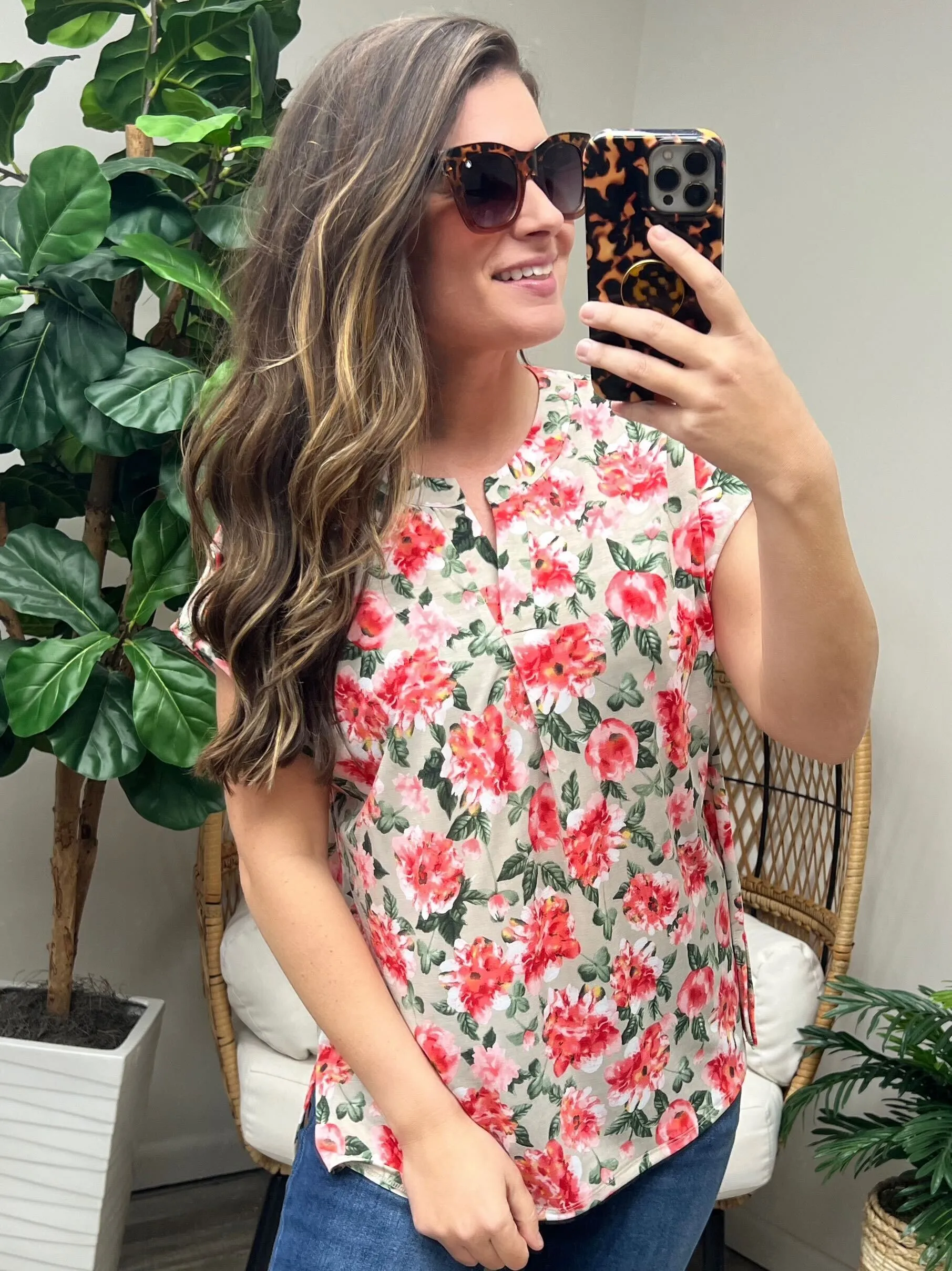 Lizzy Cap Sleeve Top in Coral and Beige Floral