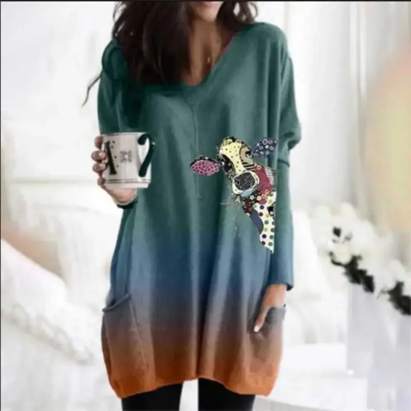 long hoodless sweatshirt 3D printing Halloween Black Cat pattern top
