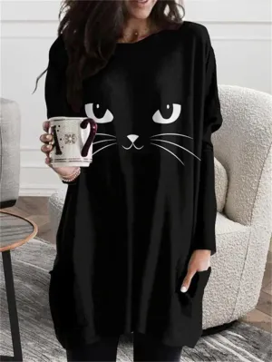 long hoodless sweatshirt 3D printing Halloween Black Cat pattern top