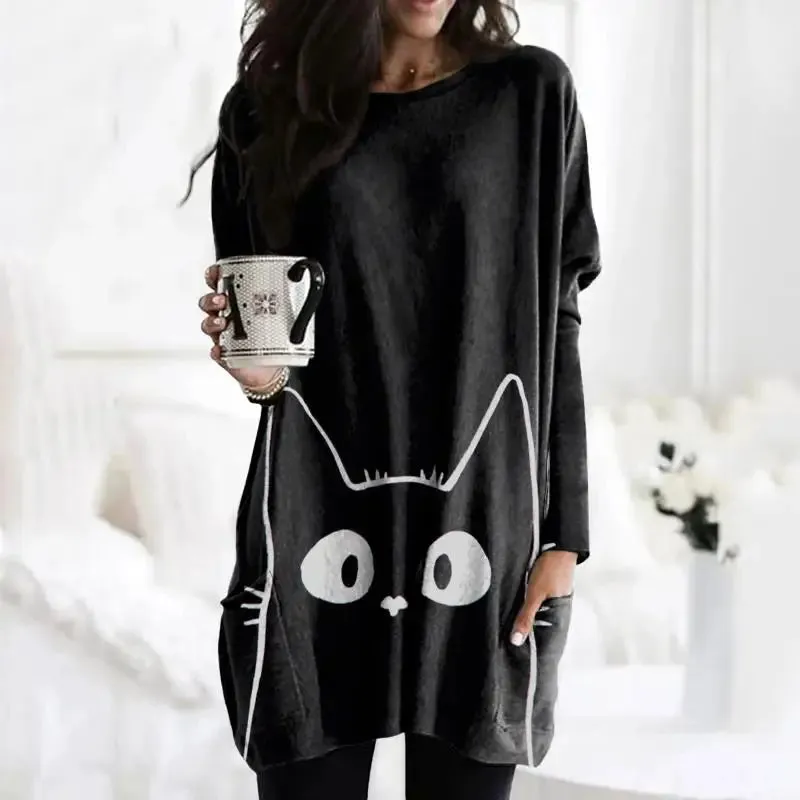 long hoodless sweatshirt 3D printing Halloween Black Cat pattern top