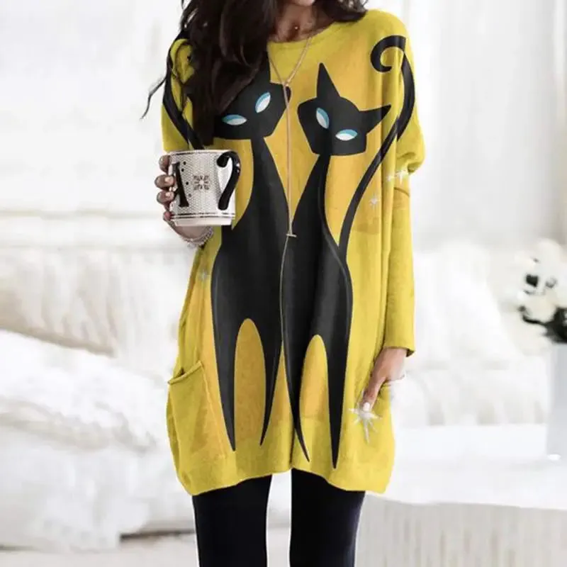 long hoodless sweatshirt 3D printing Halloween Black Cat pattern top