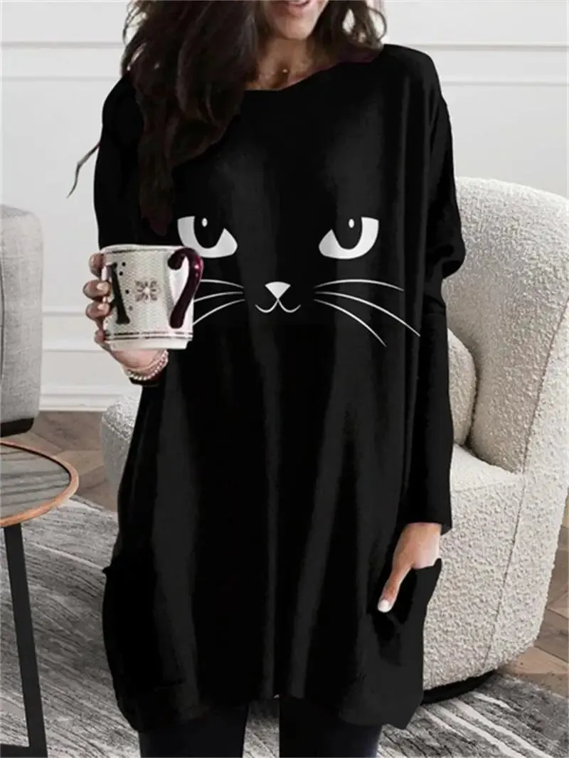 long hoodless sweatshirt 3D printing Halloween Black Cat pattern top