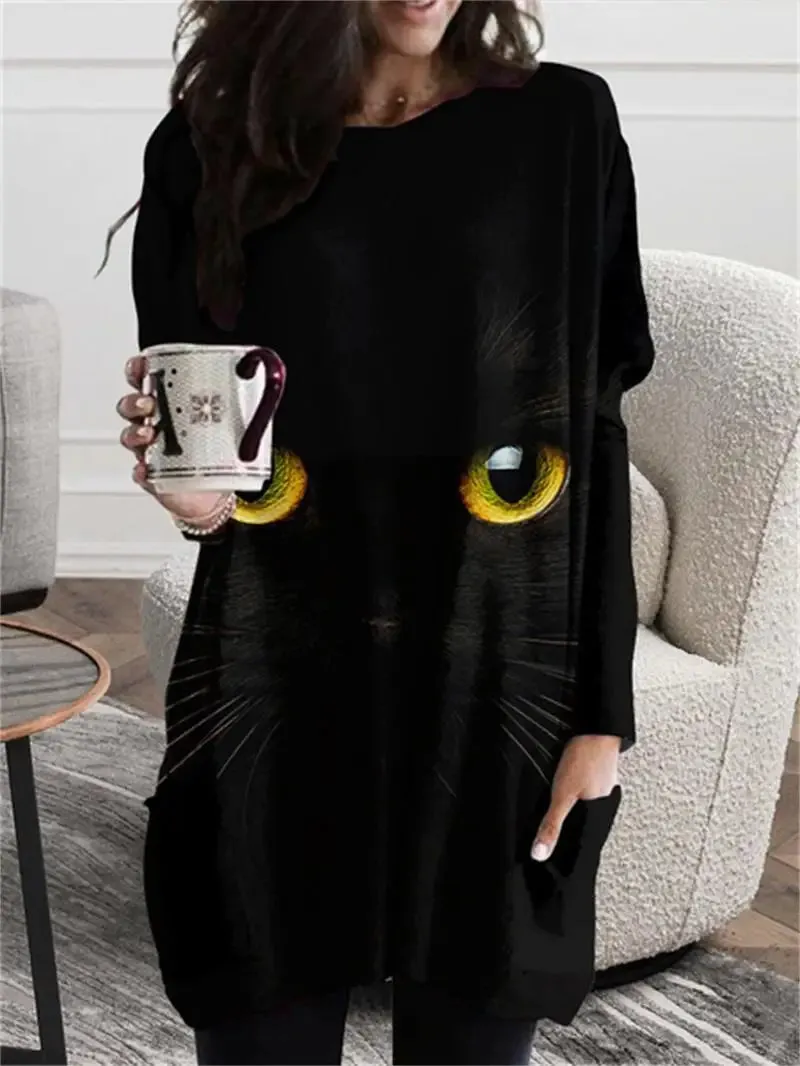 long hoodless sweatshirt 3D printing Halloween Black Cat pattern top