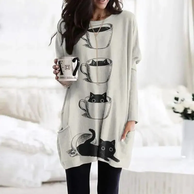 long hoodless sweatshirt 3D printing Halloween Black Cat pattern top