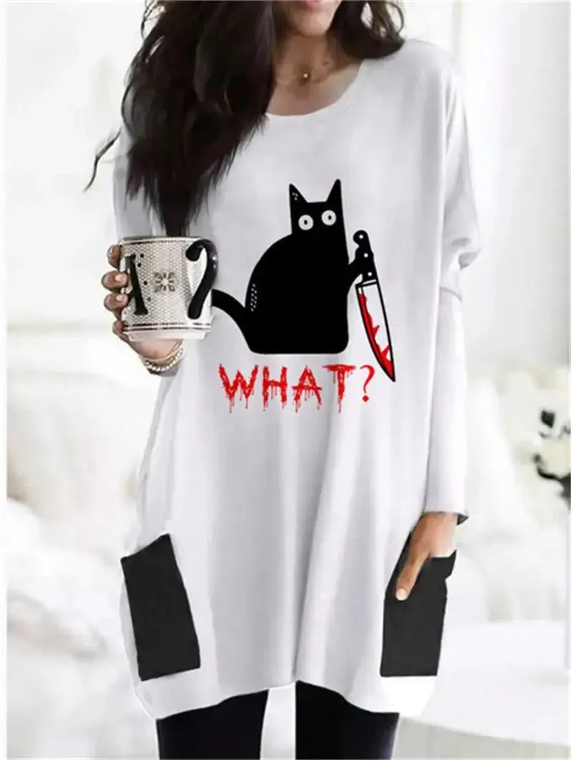 long hoodless sweatshirt 3D printing Halloween Black Cat pattern top
