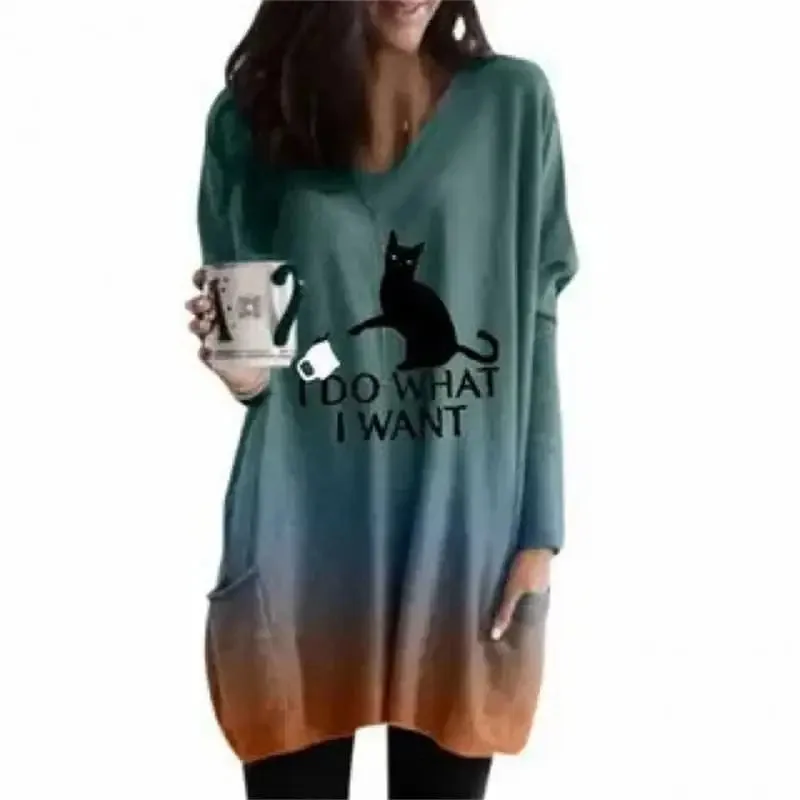 long hoodless sweatshirt 3D printing Halloween Black Cat pattern top