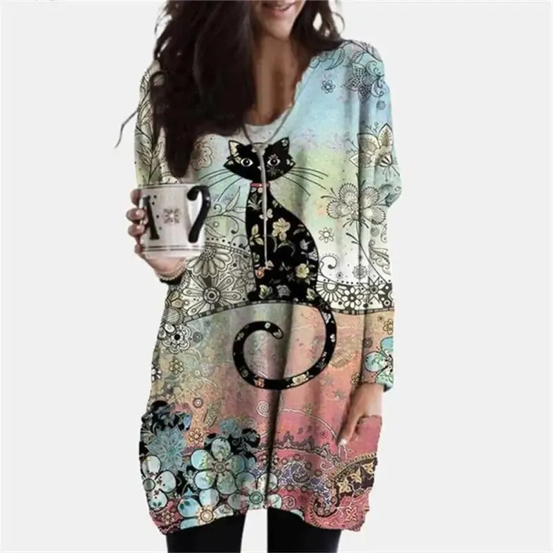 long hoodless sweatshirt 3D printing Halloween Black Cat pattern top
