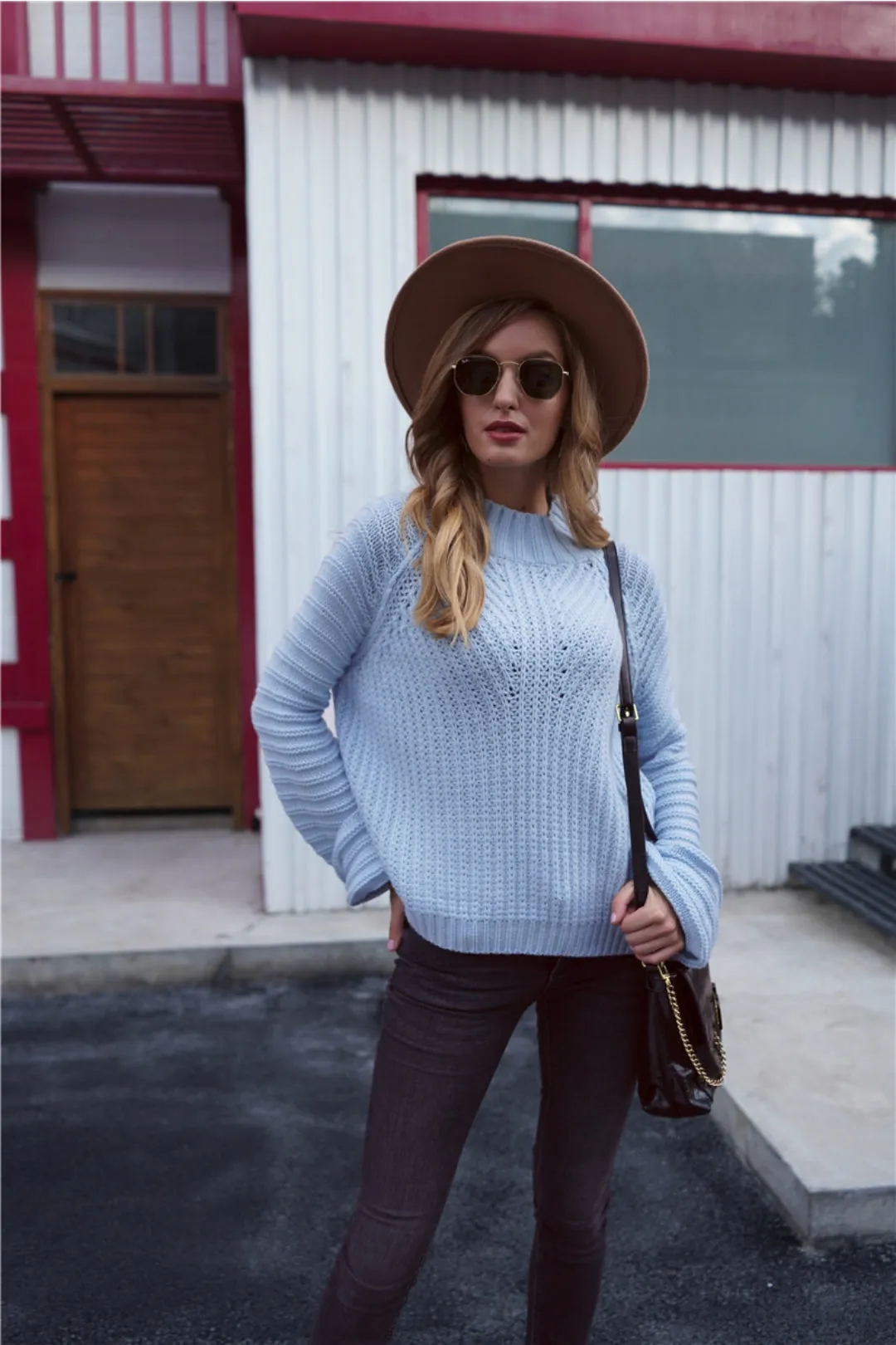 Lorina Blue Lantern Sleeve Knit Top