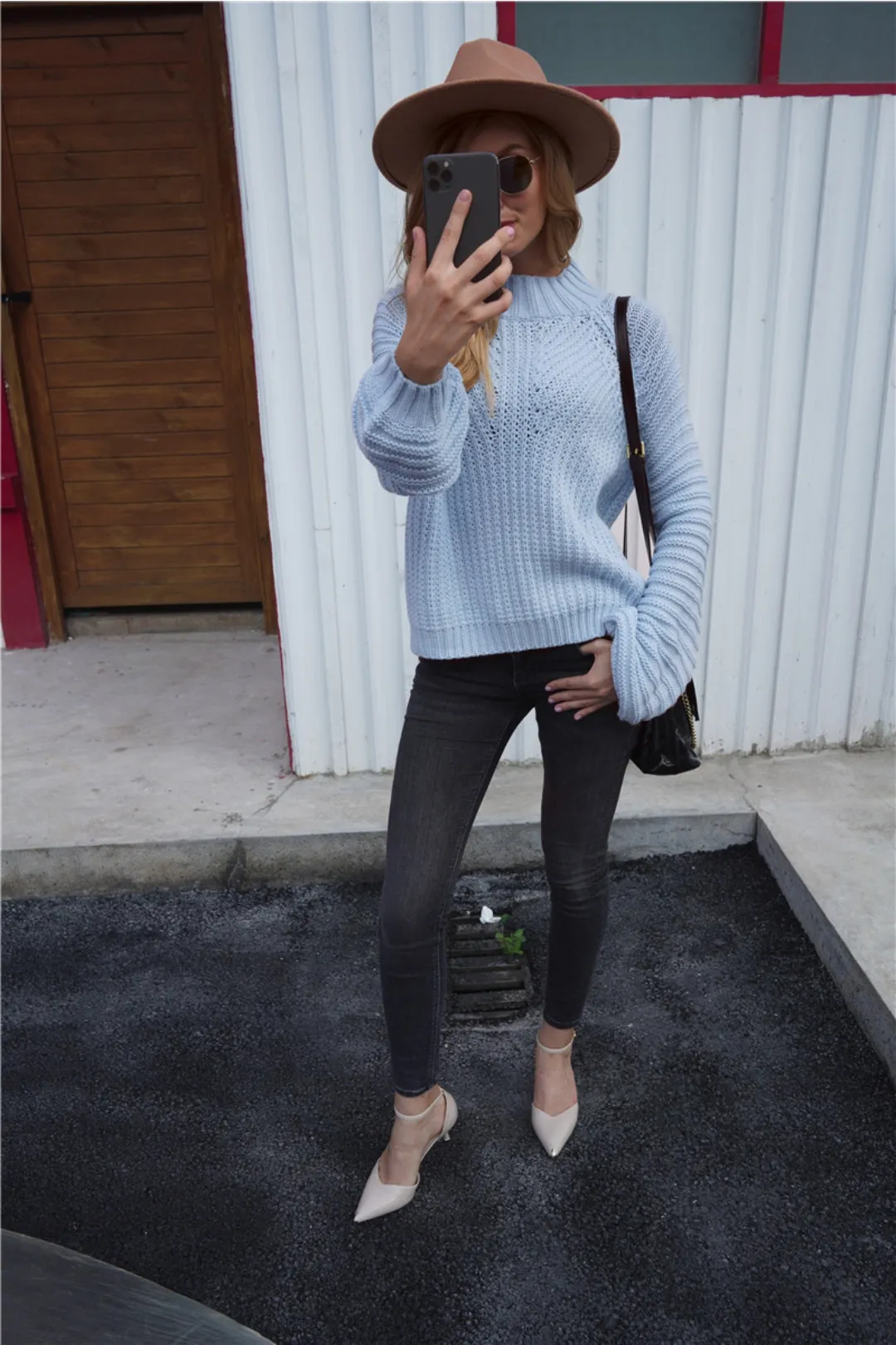Lorina Blue Lantern Sleeve Knit Top