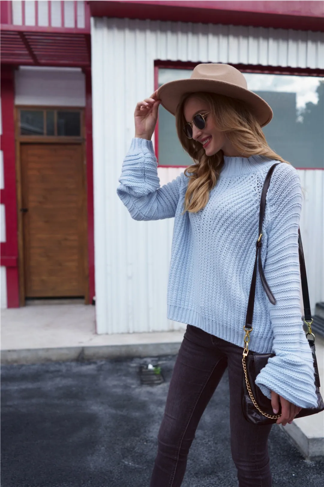 Lorina Blue Lantern Sleeve Knit Top