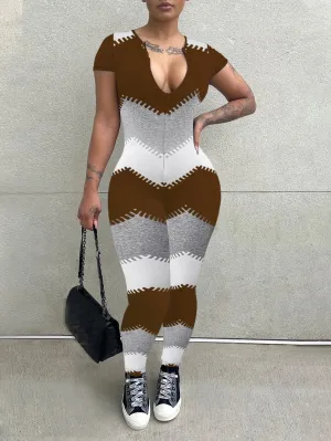 LW skinny jumpsuit Geometric Print Zipper Design Jumpsuit summer Short Sleeve Women's Rompers Fashion Sports Fitness Jumpsuits