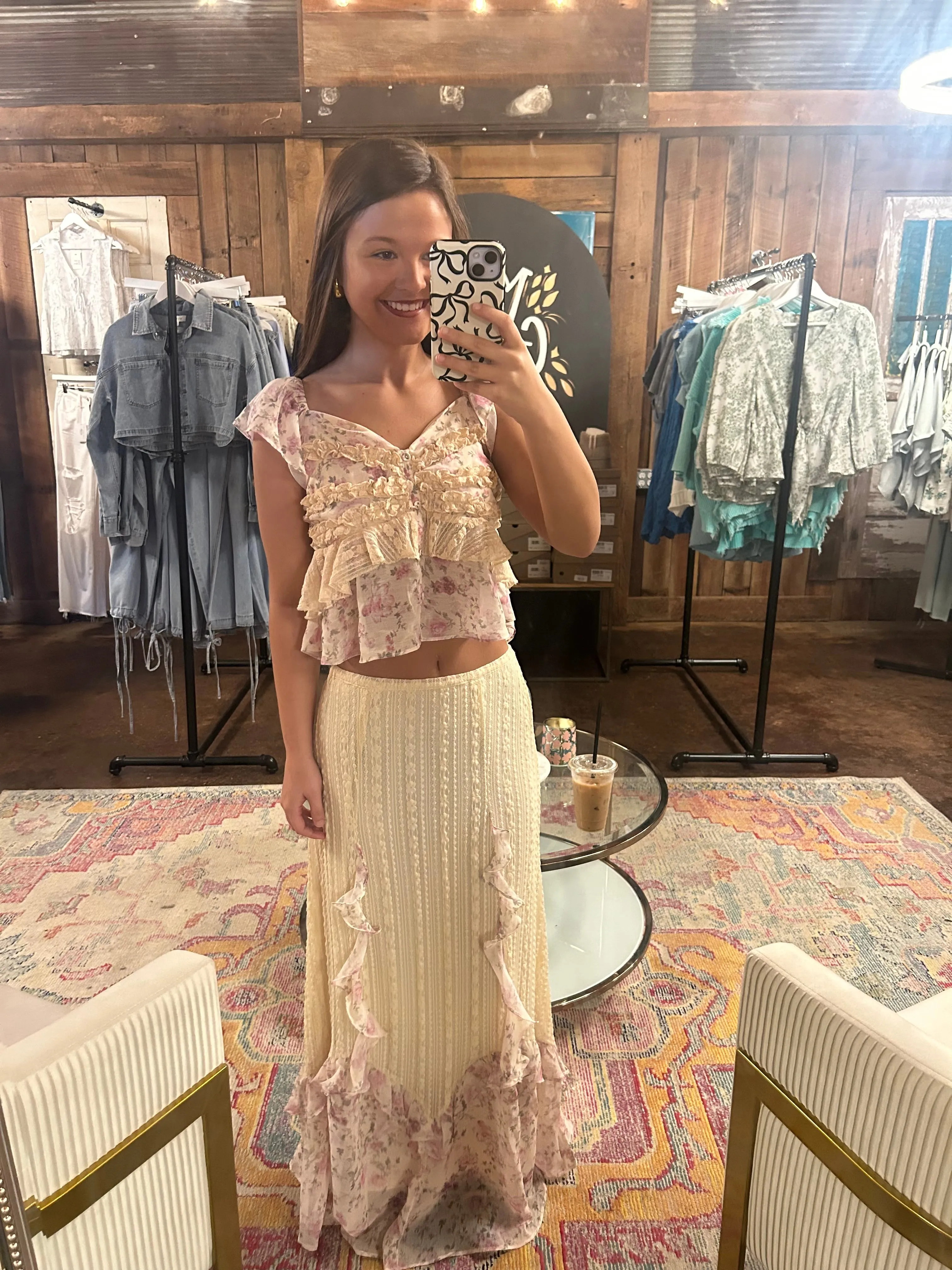 Maddie Floral Trimmed Lace Top and Skirt SET