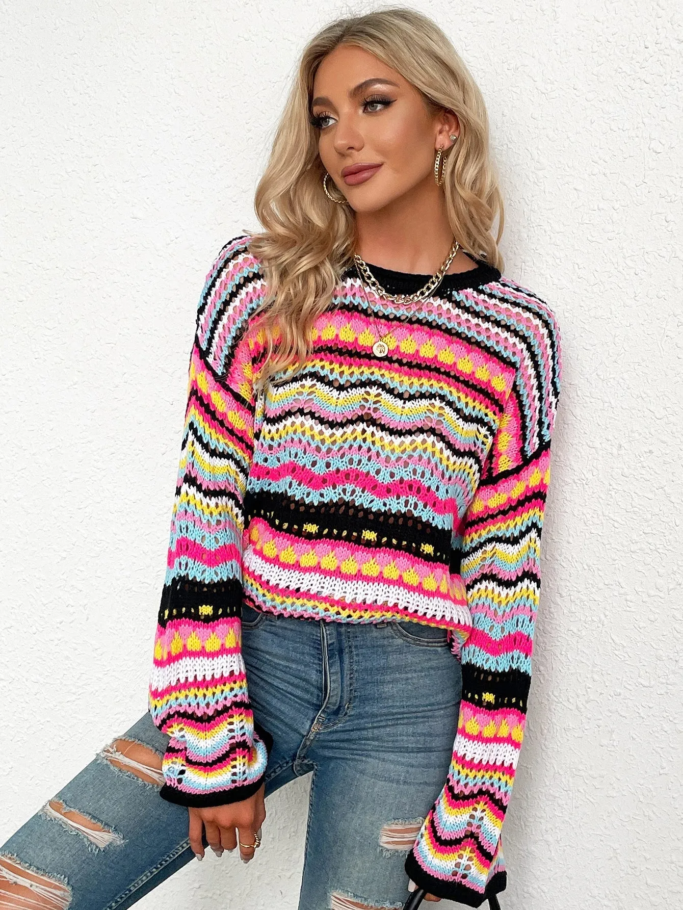 Marmo Zig Zag Crochet Knit Top - Black