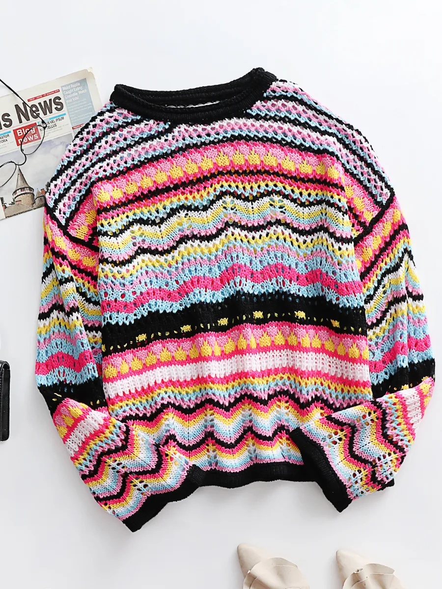 Marmo Zig Zag Crochet Knit Top - Black