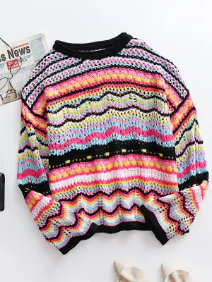 Marmo Zig Zag Crochet Knit Top - Black