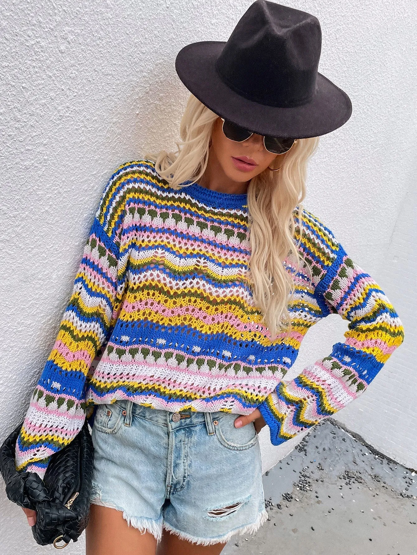 Marmo Zig Zag Crochet Knit Top - Blue