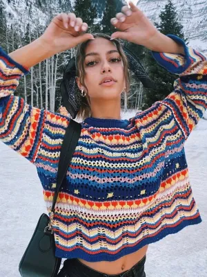 Marmo Zig Zag Crochet Knit Top - Blue