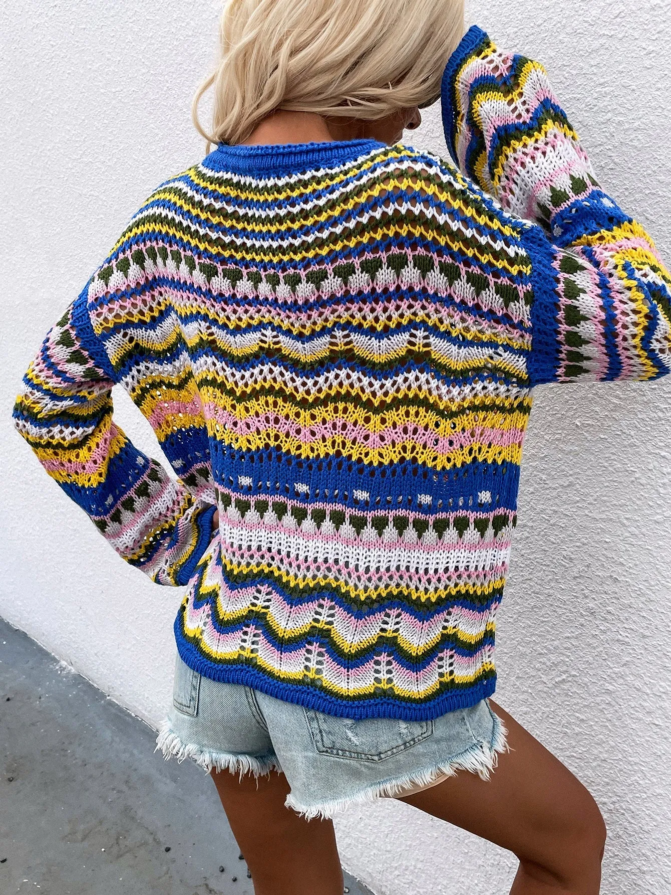 Marmo Zig Zag Crochet Knit Top - Blue