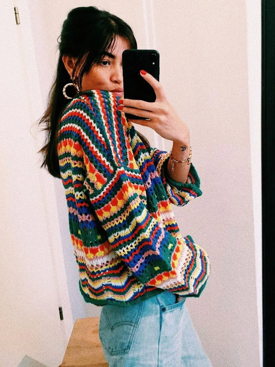 Marmo Zig Zag Crochet Knit Top - Green