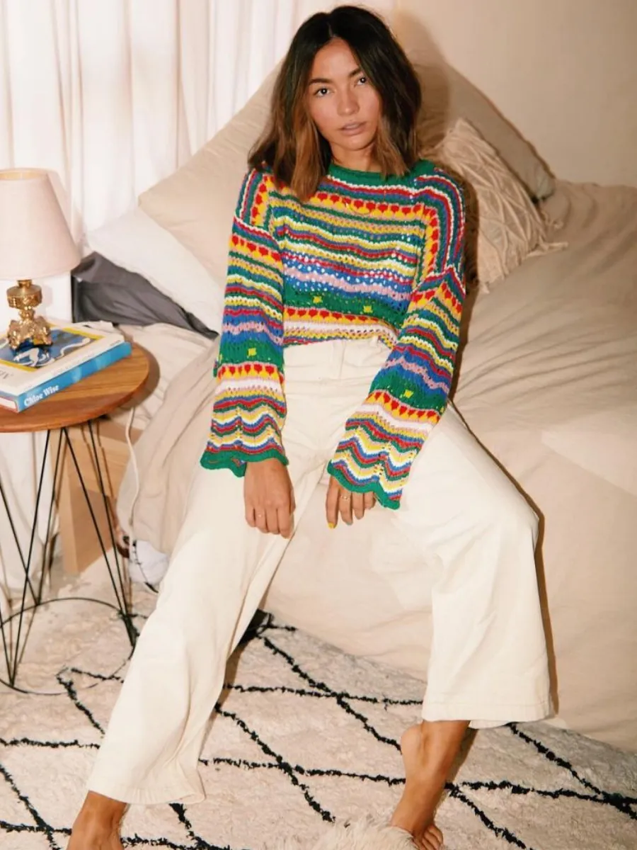 Marmo Zig Zag Crochet Knit Top - Green