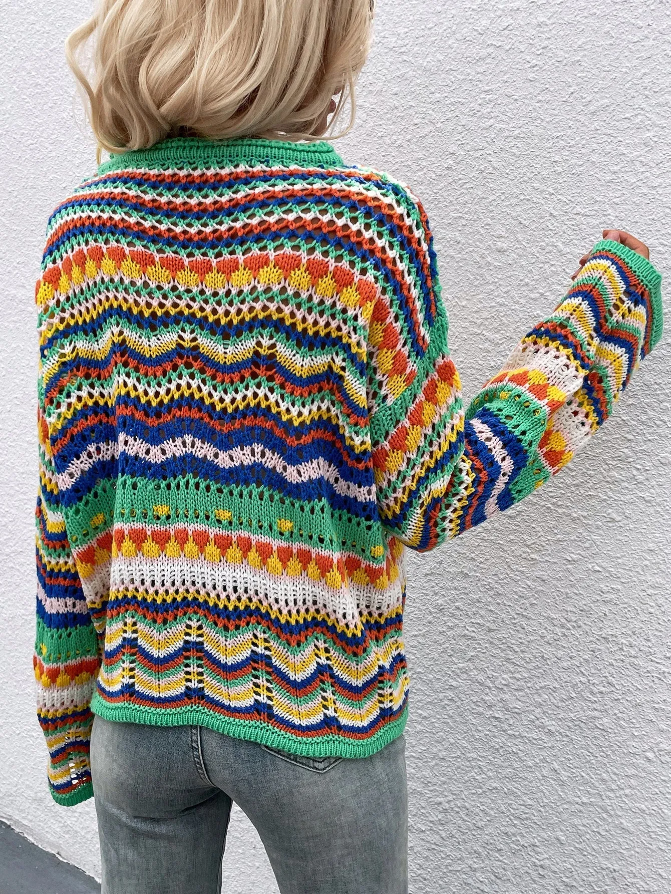 Marmo Zig Zag Crochet Knit Top - Green