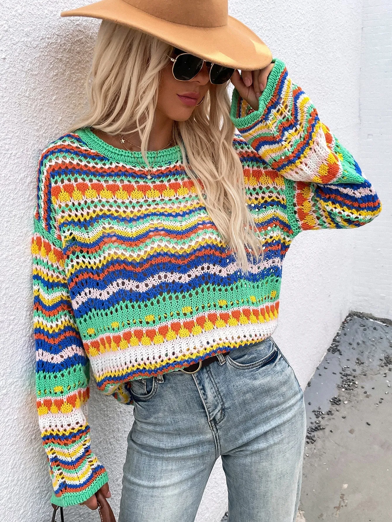Marmo Zig Zag Crochet Knit Top - Green