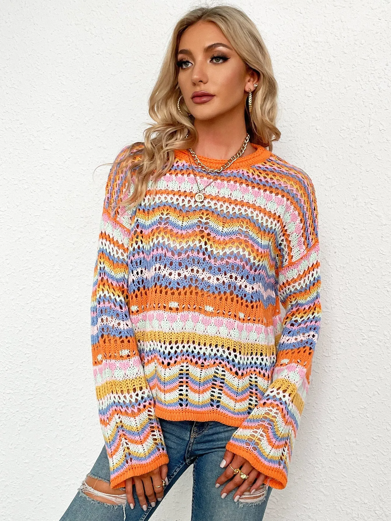 Marmo Zig Zag Crochet Knit Top - Orange