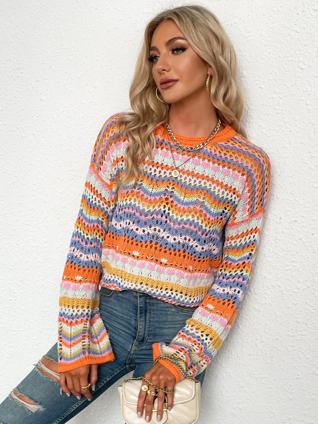 Marmo Zig Zag Crochet Knit Top - Orange