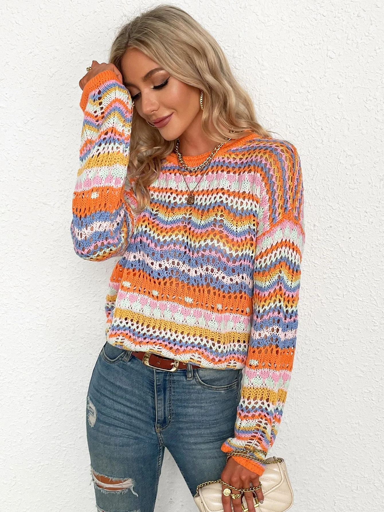 Marmo Zig Zag Crochet Knit Top - Orange