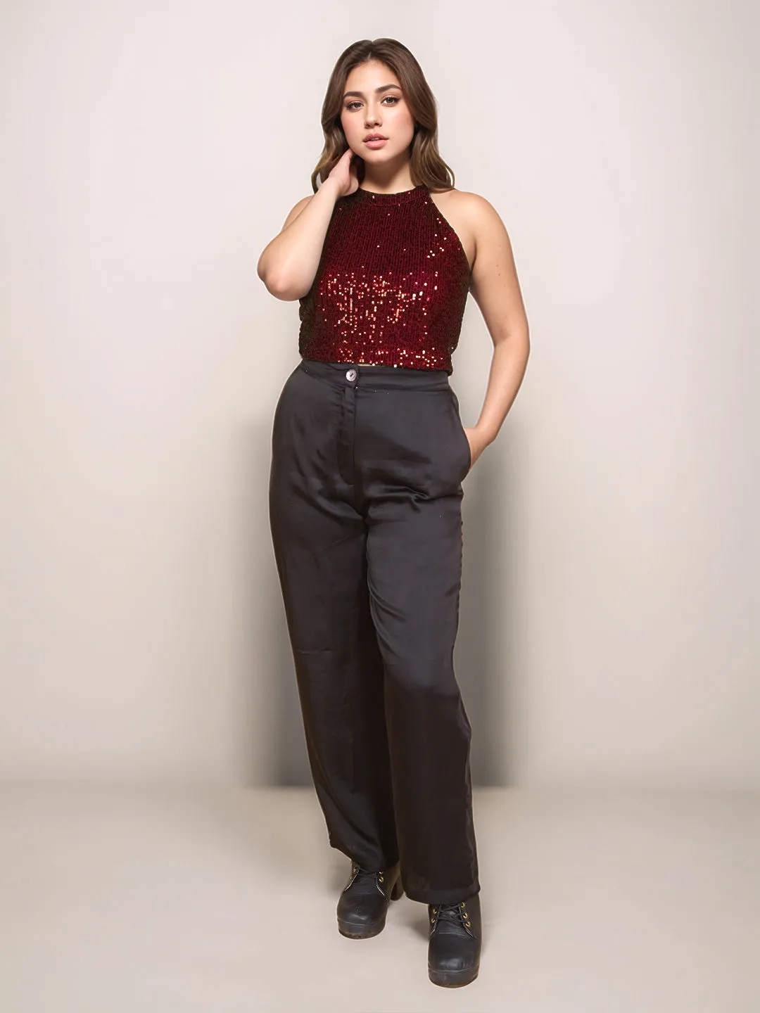 Maroon Embellished Sleeveless Crop Top
