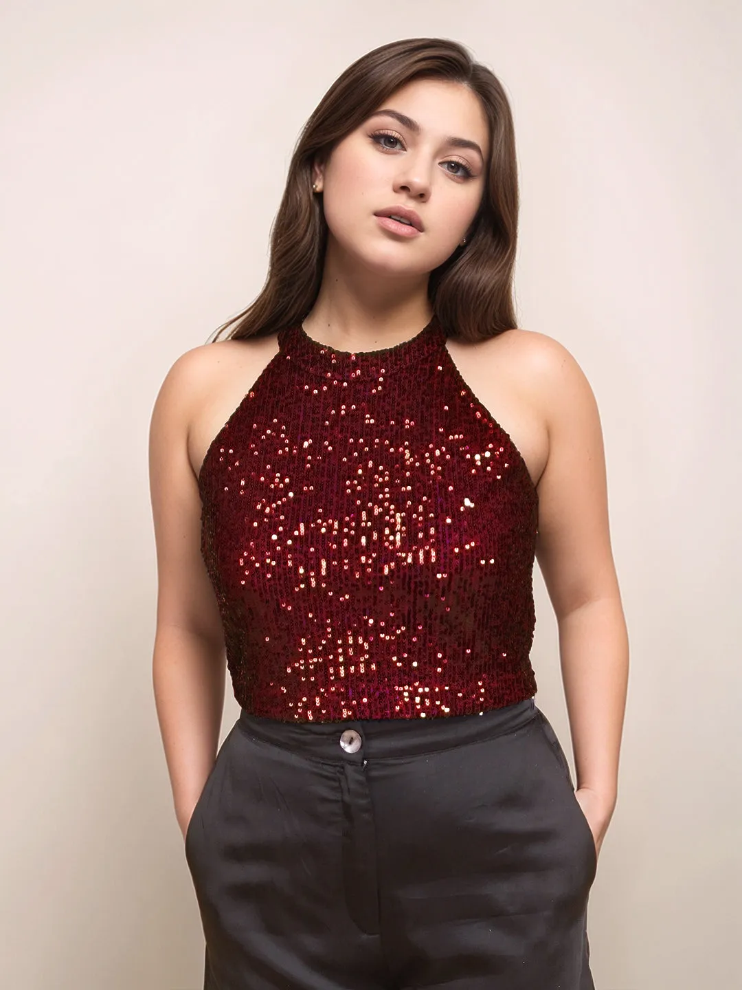 Maroon Embellished Sleeveless Crop Top