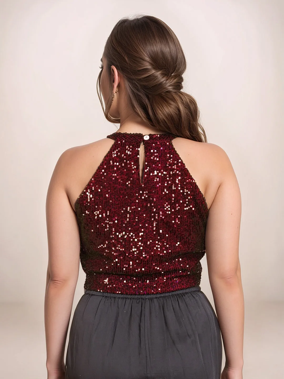 Maroon Embellished Sleeveless Crop Top