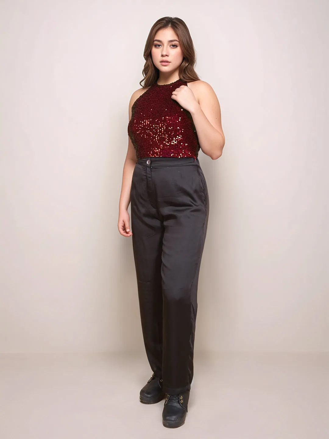 Maroon Embellished Sleeveless Crop Top